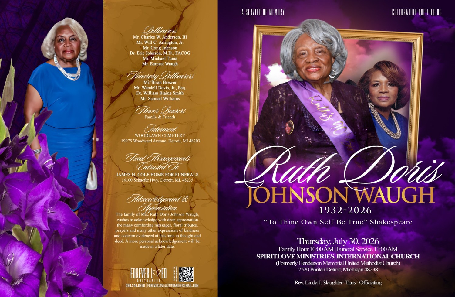 Purple and gold memorial cover for Ruth Doris Johnson Waugh