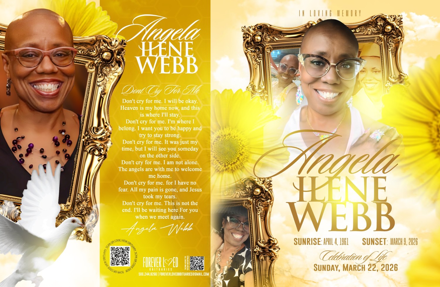 Yellow and gold memorial cover for Angela Ilene Webb